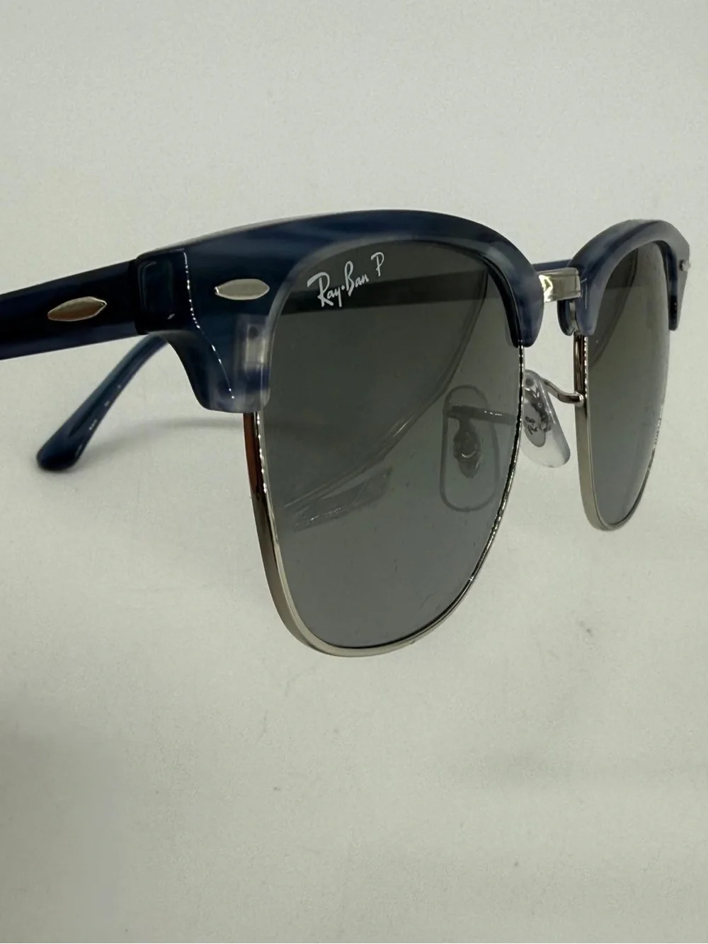 Ray Ban RB 3016 Clubmaster 1434/M3 Blue Striped Gray Glass Polarized Sunglasses
